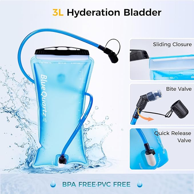 Blue Quartz Hydration Backpack with 3L Water Bladder, Lightweight Hiking Backpack with Phone Pocket, Tactical Molle Water Backpack for Running, Biking, Climbing, Hydro Pack for Men Women