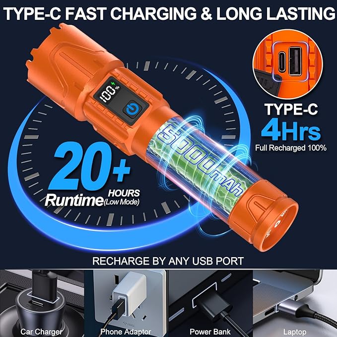 Rechargeable Tactical Flashlights 2000 High Lumens - 5000mAh Super Bright LED Powerful Flash Light, Waterproof Handheld USB C Flashlight for Home,Car,Camping,Emergencies,5 Modes,Zoomable (1, Orange)