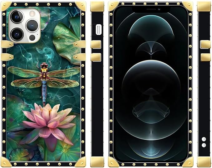 Compatible with iPhone 12 Pro Max Case, Colourful Dragonfly Pink Lily Pads Luxury Golden Decoration for Girl Women Soft TPU Shockproof Protective Hard PC Back for iPhone 12 Pro Max