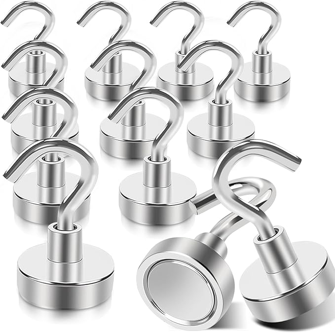 MIN CI Magnetic Hooks Heavy Duty, 35lb+ Strong Magnetic Wall Hooks for Hanging, Neodymium Metal Magnets with Hooks Large Magnetic Hooks, for Classroom Cruise Fridge Kitchen, Pack of 12