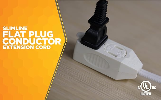 Woods SlimLine Extension Cord - 16/3 Indoor Flat Plug with Right Angled Design - 3 Polarized Outlets - PVC Jacket - Space Saving - Neutral White - 16 Gauge - 3 Feet
