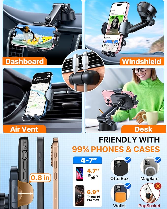 HTU 2026 Ultimate Best【True Military-Grade & Safety Cert】Car Phone Holder【Upgraded 360 Rotation & 100+LBS Strongest Suction】5-in-1 Truck Windshield Dashboard Vent Mount Stand for iPhone Android, Grey