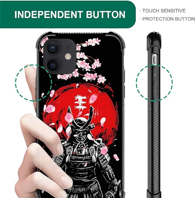 for iPhone 12 Mini Case, Sakura Japanese Samurai Pattern Graphic Design Girl Boy Soft Silicone Hard Acrylic Shock Protection for iPhone 12 Mini