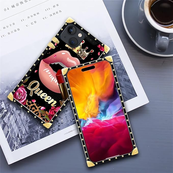 Compatible with iPhone 15 Case, Glitter Red Rose Queen Leopard Lipstick Luxury Golden Decoration for Girl Women Soft TPU Shockproof Protective Hard PC Back for iPhone 15