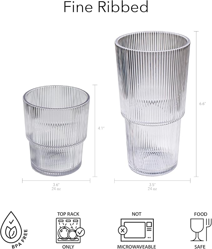 Fine Ribbed Acrylic Drinking Glass - Clear - 16 oz - Set of 6