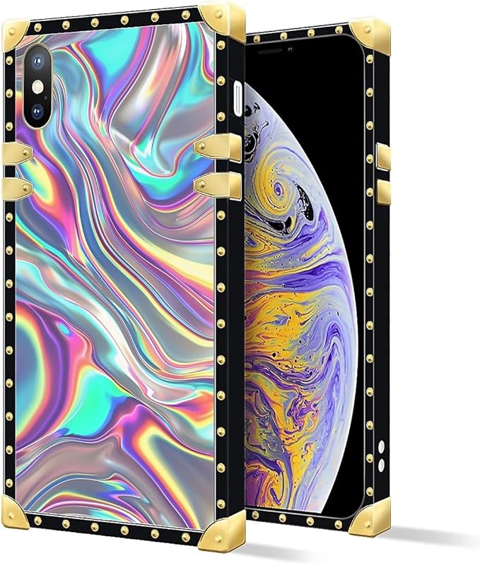 Compatible with iPhone XR Case, Holographic Abstract Iridescent Textures Luxury Golden Decoration for Girl Women Soft TPU Shockproof Protective Hard PC Back for iPhone XR
