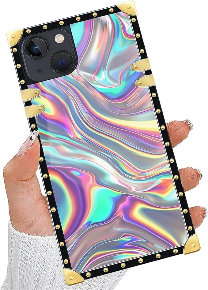 Compatible with iPhone 13 Case, Holographic Abstract Iridescent Textures Luxury Golden Decoration for Girl Women Soft TPU Shockproof Protective Hard PC Back for iPhone 13