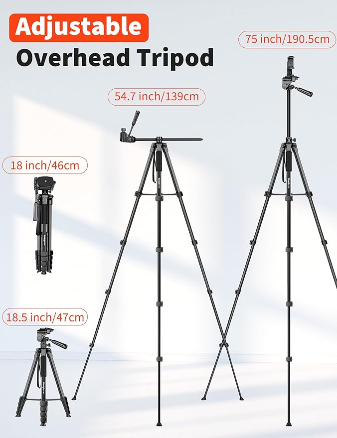 Nineigh 75" Phone Tripod Stand, Overhead Tripod for iPhone with Remote, Portable Horizontal Mount for Video, Live Streaming & Vlogging, Compatible with iPhone Camera