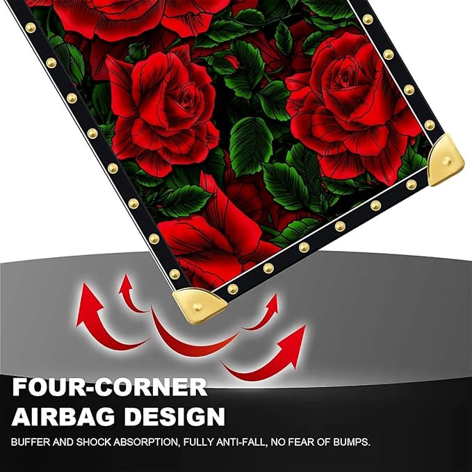 Compatible with iPhone XR Case, Vector Red Rose Green Leaf Luxury Golden Decoration for Girl Women Soft TPU Shockproof Protective Hard PC Back for iPhone XR
