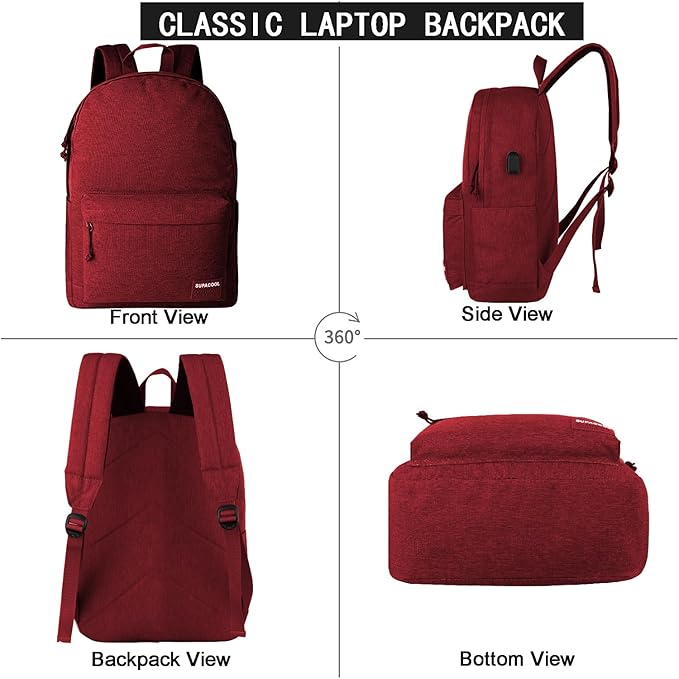 SUPACOOL Casual Laptop Backpack for Men and Women, Pencil Pouch, School Backpack with USB Charging Port, Bookbag for Boys and Girls(Garnet set)
