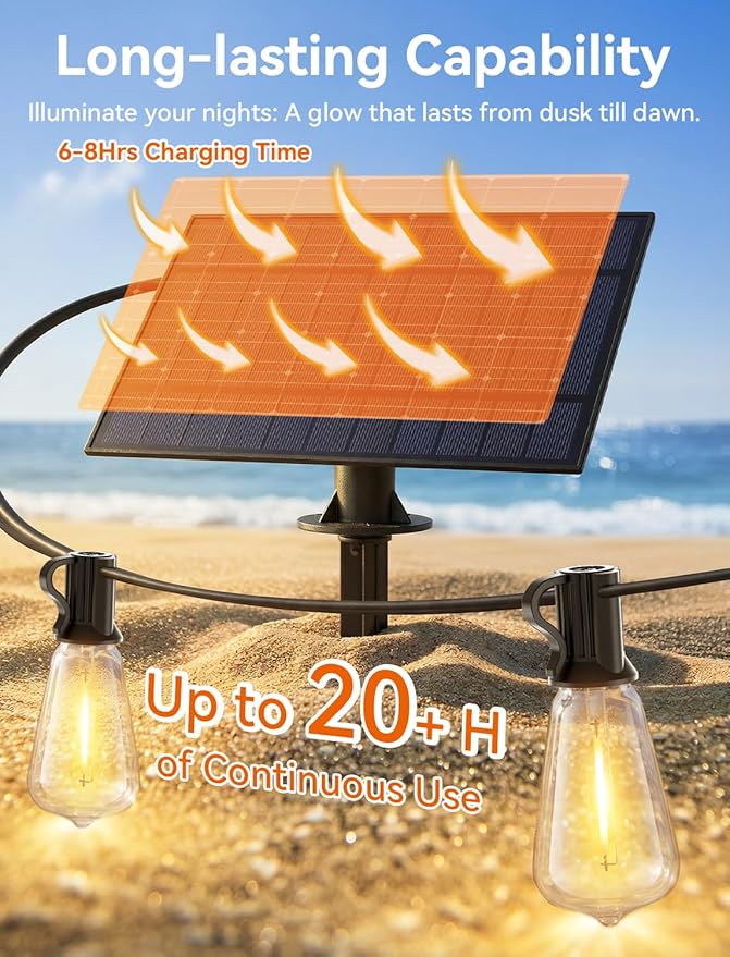 Brightever 60FT Solar String Lights Outdoor Waterproof, Patio Lights Solar Powered with Remote, 25+1 Shatterproof ST38 LED Bulbs 3 Lighting Modes, Dimmable Solar Lights for House, Market, Bistro