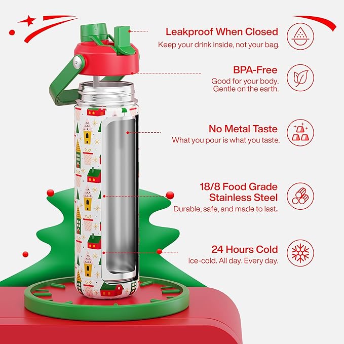ENCOOL Christmas Insulated Water Bottle with Straw, Stainless Steel Water Bottle, Leak Proof BPA-Free, Keeps Cold for 24 Hours for Sports, Christmas Holiday Gifts for Women, 26 oz, Holiday Home