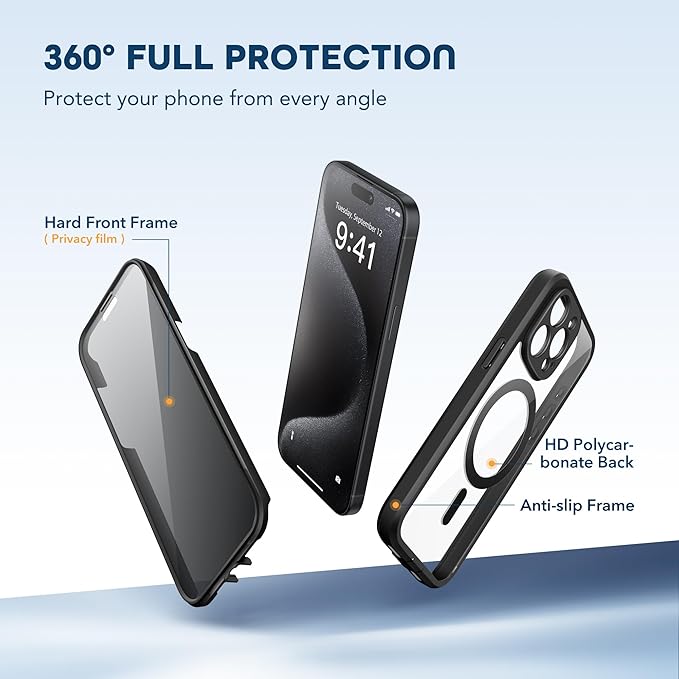 TIESZEN for iPhone 15 Pro Case, Compatible with MagSafe, Built-in Privacy Screen Protector and Camera Protection, Anti Spy Full Body Dustproof Shockproof Hard Phone Case 6.1", Black