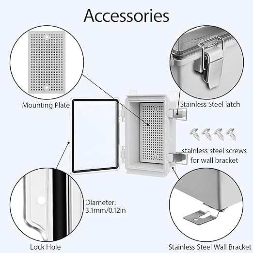 LeMotech Electrical Box, IP67 Waterproof Hinged Clear Cover Stainless Steel Latch Junction Box, ABS Plastic Electrical Enclosure with Mounting Plate,Wall Brackets, Cable Glands,5.9"x3.9"x2.8",Grey