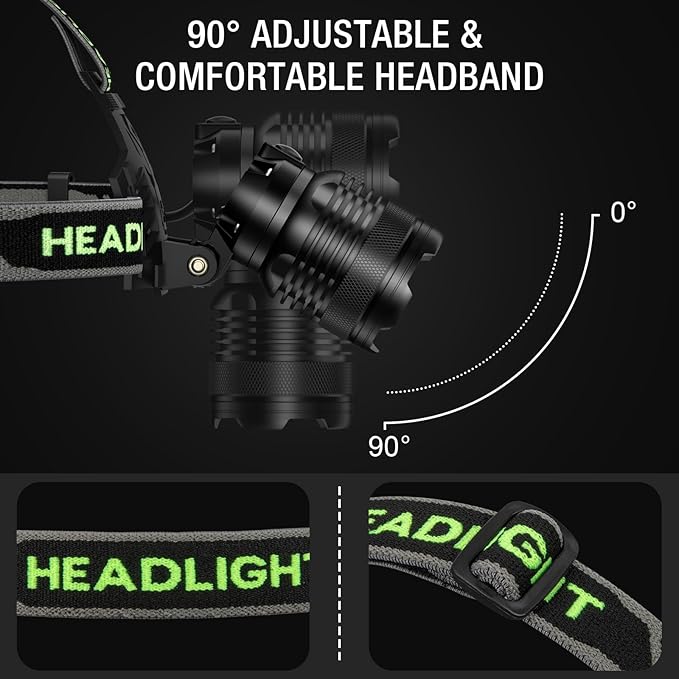 3Pack Rechargeable Headlamp Super Bright, 99000 Lumens LED Head Lamp with 3 Modes, 90°Angle & Adjustable Focus Head Lights for Forehead, IPX6 Waterproof HeadLamps for Adults Camping Hiking