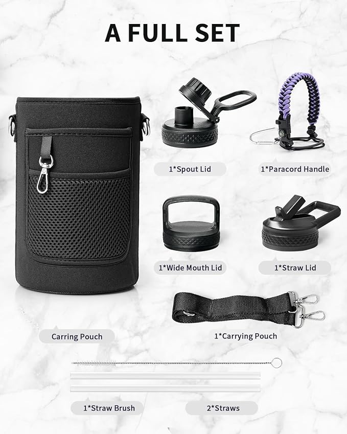 Trebo Water Bottle 64oz with Paracord Handle, Half Gallon Large Vacuum Triple Wall Stainless Steel Insulated Water Jug with Holder Strap Straw Spout Lids, Leakproof Keep Cold & Hot,Dark Purple