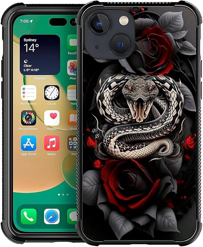 for iPhone 14 Case, Entwined Rose Snake Pattern Graphic Design Girl Boy Soft Silicone Hard Acrylic Shock Protection for iPhone 14
