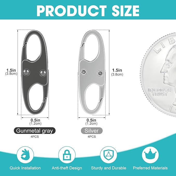 8 Pcs Anti-Theft Small Carabiner Clip, Double Opening Zipper Pull Replacement, Elegant Zinc Alloy Zipper Clips for Backpacks, Luggage, Duffel Bags, Travel Security Essentials - 4 Silver & 4 Gunmetal