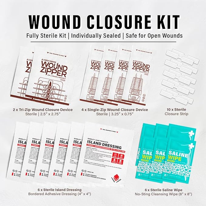EVERLIT CARE Wound Closure Kit | 28 Pcs All-in-One First Aid with Suture-Free, Stitchless Zip Devices, Butterfly Bandages, for up to 6" Wounds | 100% Sterile Medical Supplies to Clean, Cover & Heal