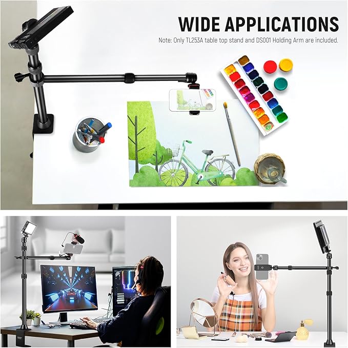NEEWER Desk Stand with 2 Telescopic Boom Arms Phone Holder for Mic Camera Webcam Ring Light, Desktop Overhead Microphone Mount with C Clamp, Ball Heads, Screw Adapter, Cleaning Cloth, TL253A+DS001
