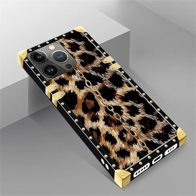 Compatible with iPhone 14 Pro Case, Seamless Gold Chain Leopard Luxury Golden Decoration for Girl Women Soft TPU Shockproof Protective Hard PC Back for iPhone 14 Pro