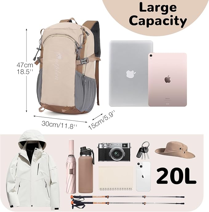 Small Hiking Backpack with Chest Strap for Men Women, 20L Lightweight Waterproof Travel Backpack with Padded Straps, Durable Cute Casual Hiking Daypack for Traveling Camping, Khaki
