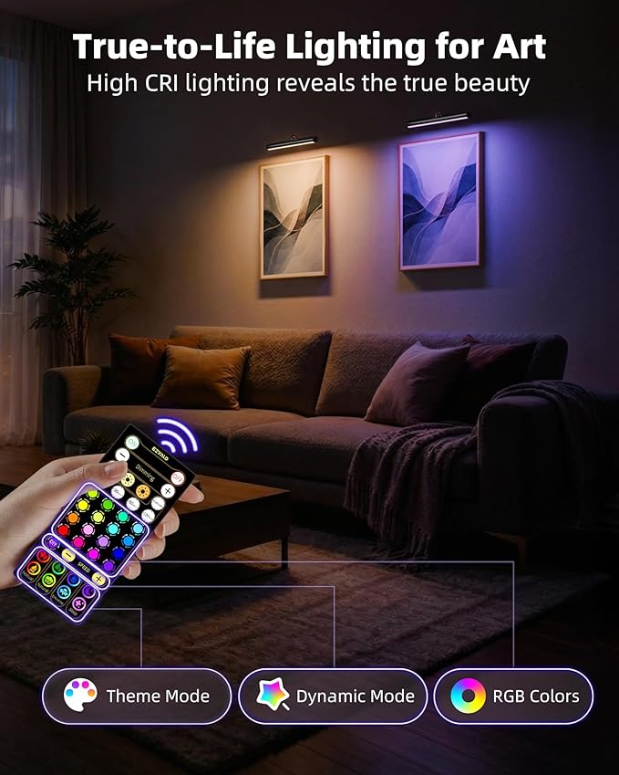 EZVALO 13 Inch Wireless Picture Lights, 4000mAh Rechargeable Battery RGB Colors Lights with Remote, Dimmable 3 Color Temps LED Painting Lights for Living Room, Bedroom (Black, 2Pack)