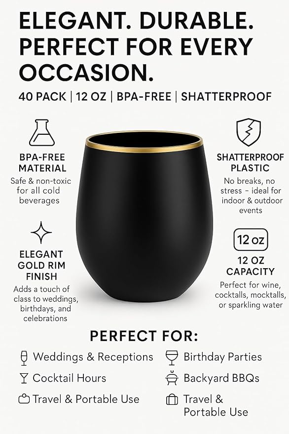 Oojami 40 count 12 Ounce Cups Unbreakable Stemless Plastic Wine Champagne Whiskey Glasses Elegant Durable Disposable Indoor Outdoor Ideal for Home, Office, Bars, Wedding, Black Gold Rim Matte