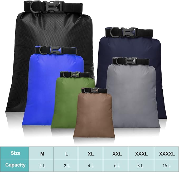 Shappy 6/12 Pcs Waterproof Dry Bags, Lightweight Outdoor Waterproof Dry Stuff Sacks 15/8/5/4/3/2 L and Long Adjustable Shoulder Strap for Kayaking Rafting Boating Hiking Camping