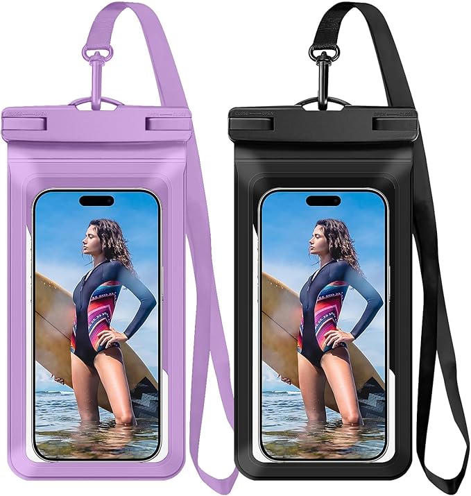 Universal Waterproof Phone Case, with Inside Card Pack, Waterproof Beach Bag for iPhone 17 16 15 14 Pro Max up to 8.3", IPX8 Cell Phone Pouch for Cruise Travel Accessories, 2 Pack-Black&Purple