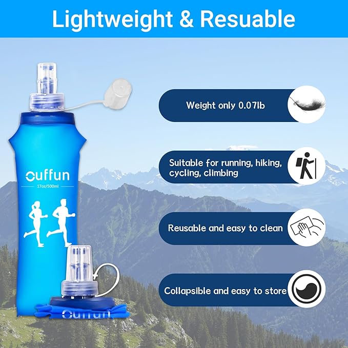 2 Pack Soft Water Bottle, TPU Collapsible Flask Foldable Bottles for Hydration Pack, BPA-Free, Running Lightweight Water Bottle for Outdoor Sports like Hiking Cycling Climbing Running (17OZ/500ml)