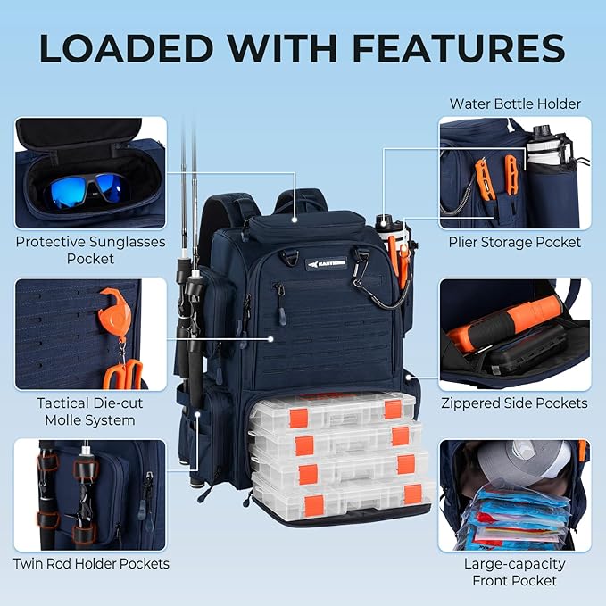 KastKing Bait Boss Fishing Tackle Backpack with Rod Holders-4 Tackle Boxes-Rain Cover,45/43L Large Storage for Fishing Gear