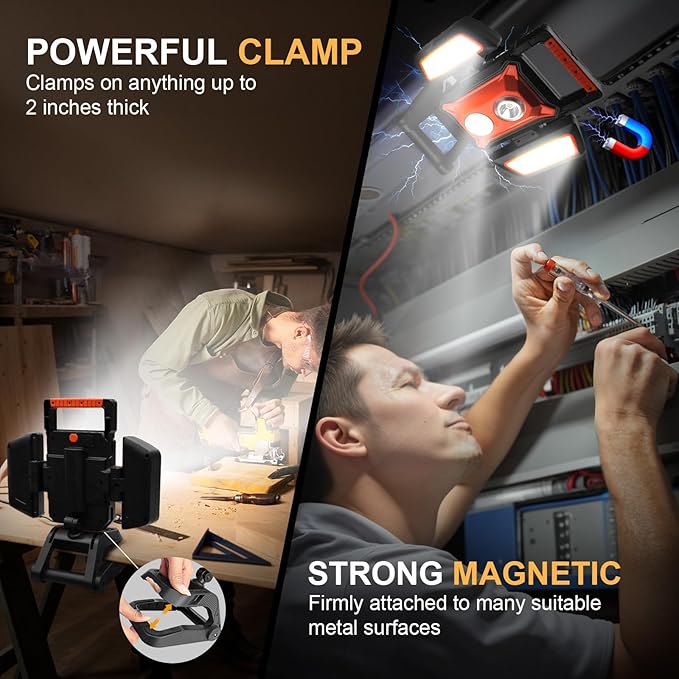 Tresda 4000LM LED Work Light Rechargeable with Clamp, 40W Magnetic Work Light Battery Powered with 5 Light Modes, 350° Rotation, Portable Job Site Lighting for Construction Site,Workshop,Car Repairing