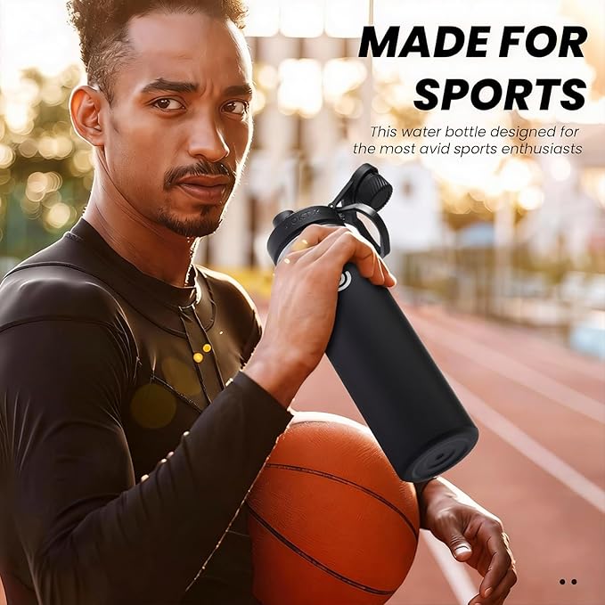 Sports Water Bottle 22oz, Insulated Water Bottle with Handle,Stainless Steel,Simple Modern,Suitable for Travel, School, Boy, Girl(Black)