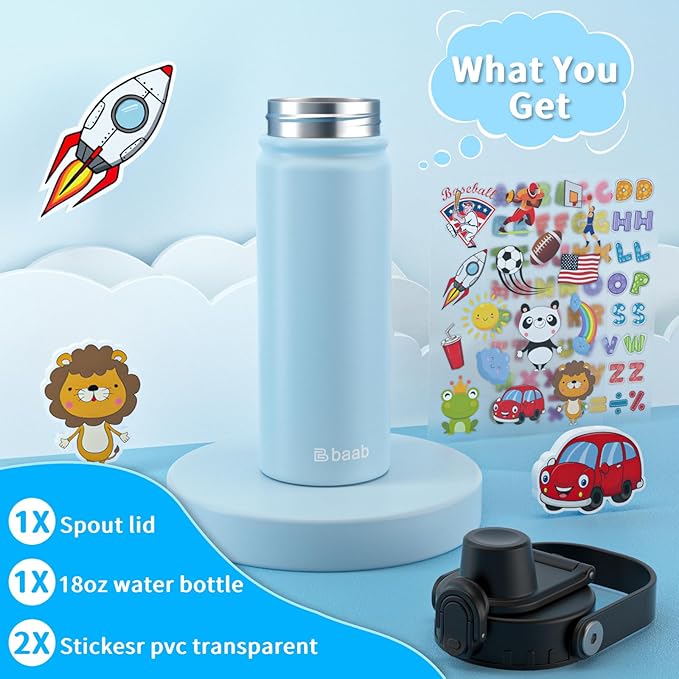 baab 18oz Kids Water Bottle, Insulated Kids Water Bottle with Lockable Spout Lid & Stickers, 18/8 Stainless Steel Vacuum Leakproof Kid Water Cup with Handle for Boy Girl & School (Light Blue, 1 Pack)