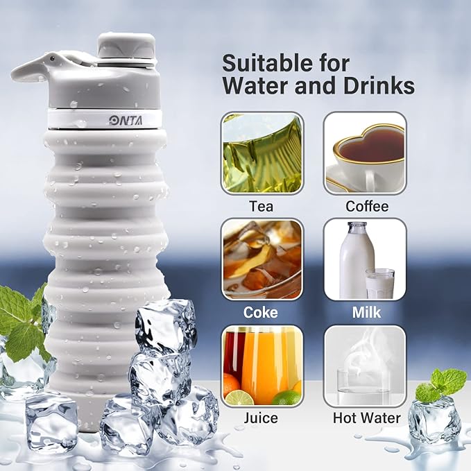 ONTA Collapsible BPA Free Silicone Water Bottle, 20oz - Portable, Leakproof, Easy Clean, Shatter Resistant, Travel Friendly