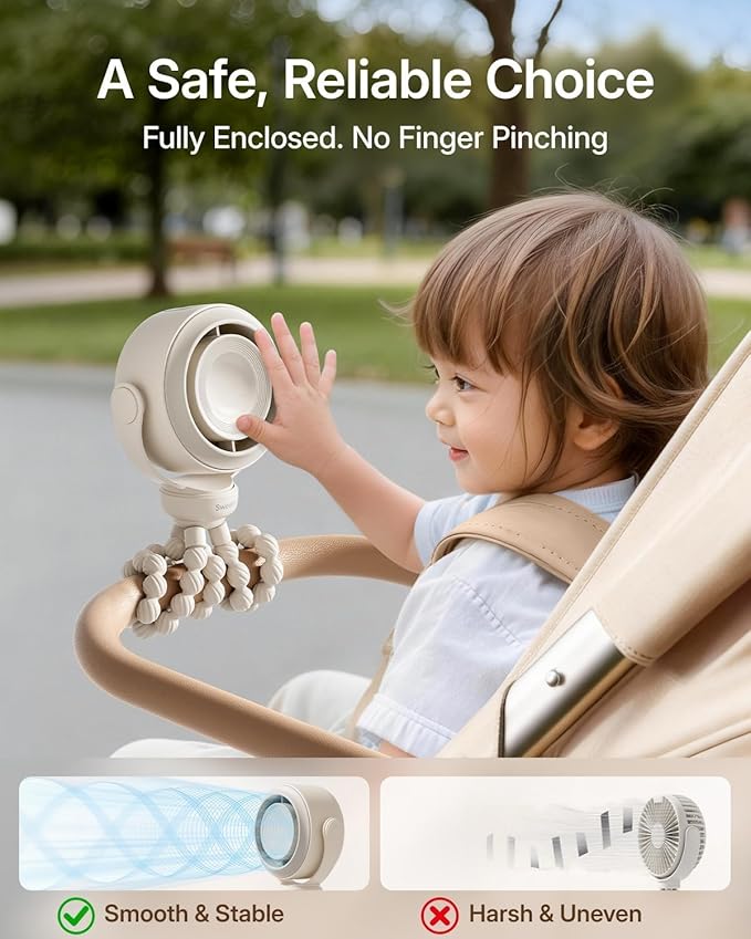 SWEETFULL Portable Stroller Fan, Pinch-Proof Baby Fan, 10H Battery, 5-Speed Quiet Mini Clip on Fan, USB-C Rechargeable with LED Display for Car Seat, Crib & Travel - Cream