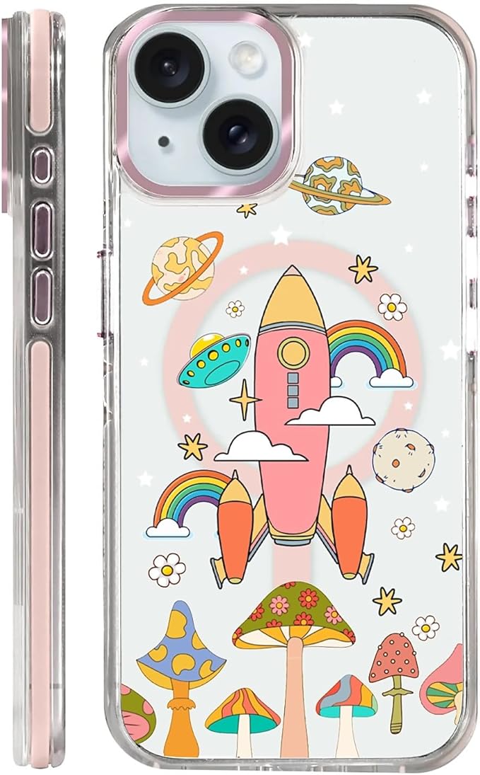Case for iPhone 15,[Compatible with MagSafe],Spaceship Mushroom Phone Case Design，for Women Girls Magnetic Clear Cover - Slim, Sleek, & Shockproof Protection