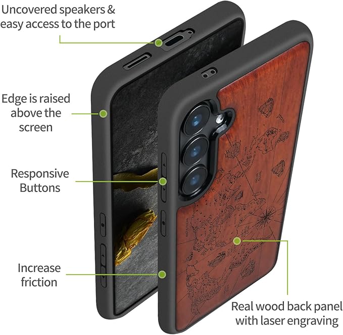 Carveit Wood Case for Galaxy S24 Plus Case [Natural Wood & Black Soft TPU] Shockproof Protective Cover Unique Wooden Design Compatible with S24 Plus (World Map-Rosy)