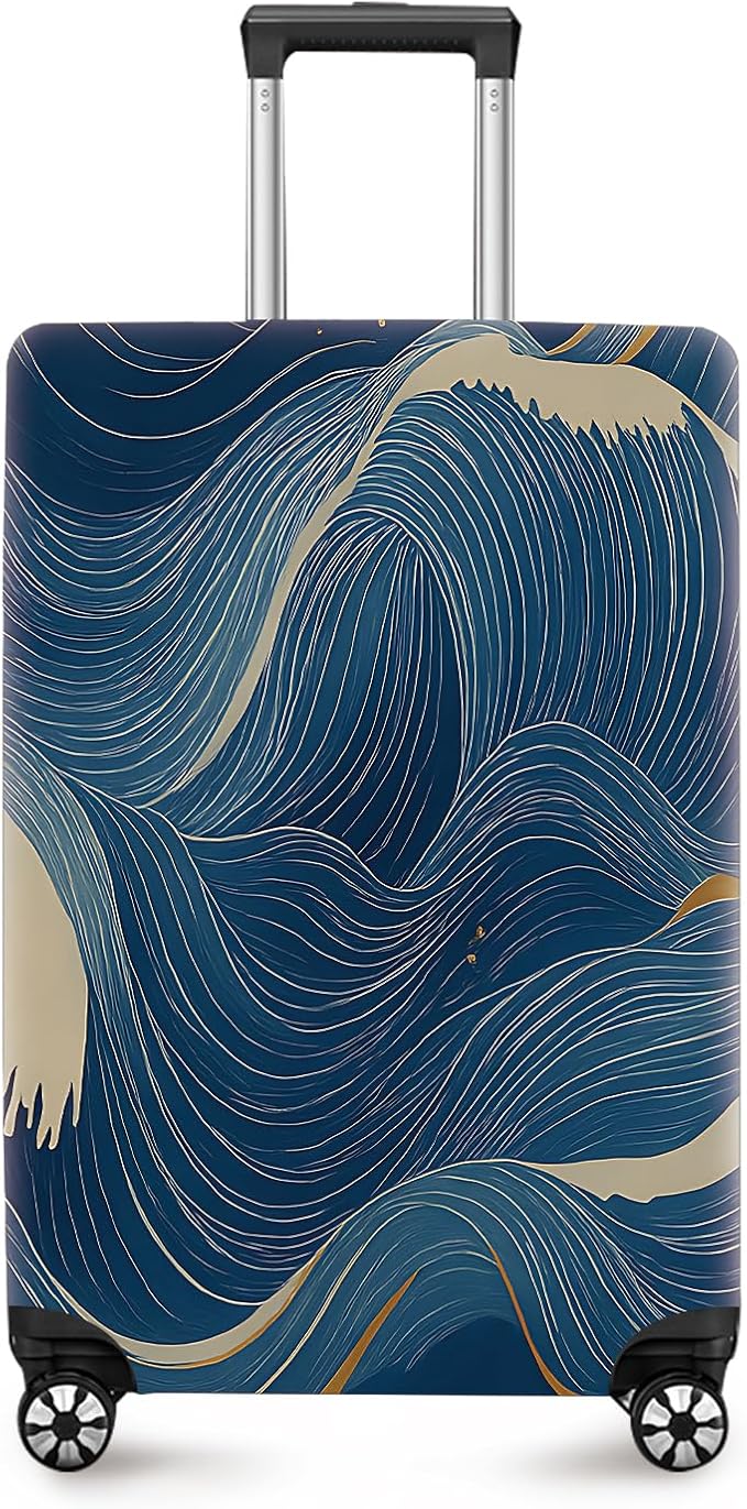 ANNA QUEEN Ocean Wave Luggage Cover, Elegant Blue Flow Line Design Suitcase Protector, Washable Stretchable Travel Sleeve for 20-22 Inch Luggage
