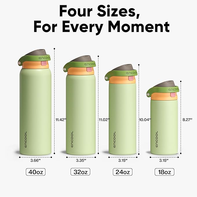 ENCOOL Leakproof Insulated Water Bottle with Straw Dual-Sip Water Bottle Bag-Safe Design for Work, Commute & Gym – Keeps Drinks Cold All Day, 32 oz, Sage Green