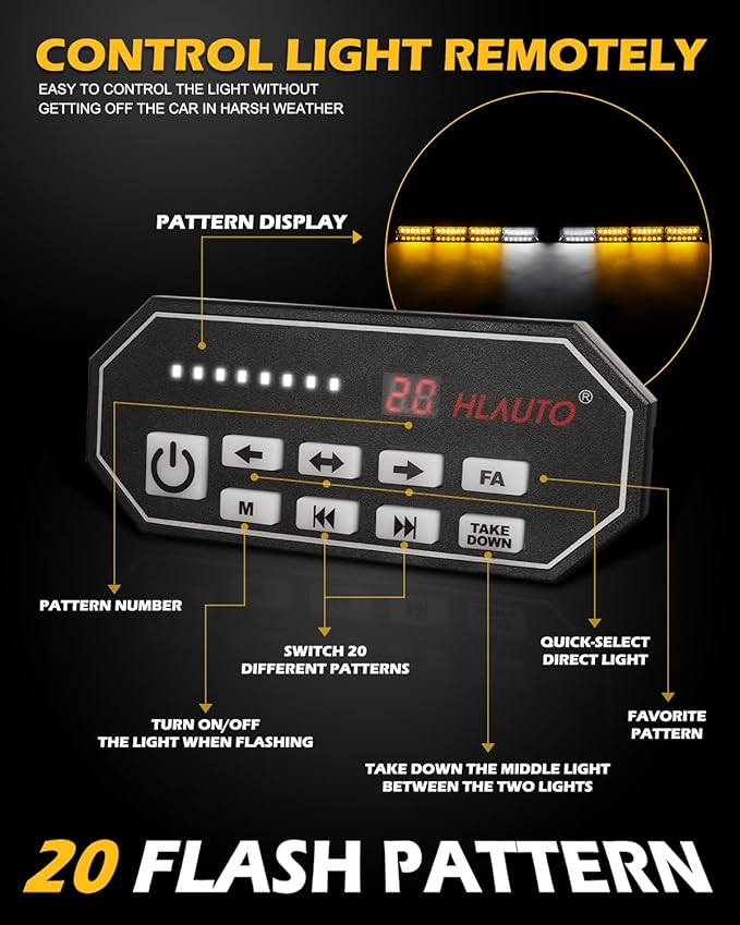 HLauto 604N Emergency Dash Strobe Lights: 2x16.8 inch Amber Security Light w/Take Down, 48 LED Safety Flashing Warning Hazard Interior Windshield Visor Light Bar for Trucks Vehicles