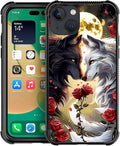 for iPhone 14 Plus Case, Black White Wolf Moon Flower Rose Pattern Made of Soft Silicone Hard Acrylic Shock Protection for iPhone 14 Plus