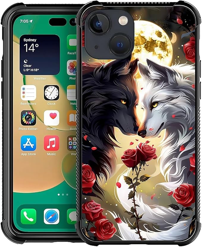 for iPhone 14 Plus Case, Black White Wolf Moon Flower Rose Pattern Made of Soft Silicone Hard Acrylic Shock Protection for iPhone 14 Plus