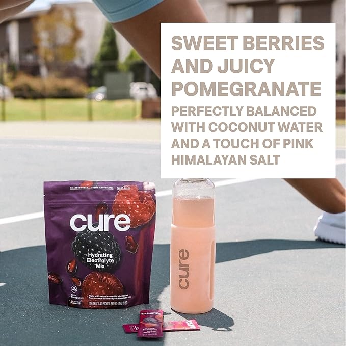 Cure Hydration | Plant-Based Electrolyte Drink Mix | No Added Sugar | FSA-HSA | Dehydration Relief Powder Made with Coconut Water | Non-GMO | Vegan | Box of 8 Packets - Berry Pomegranate