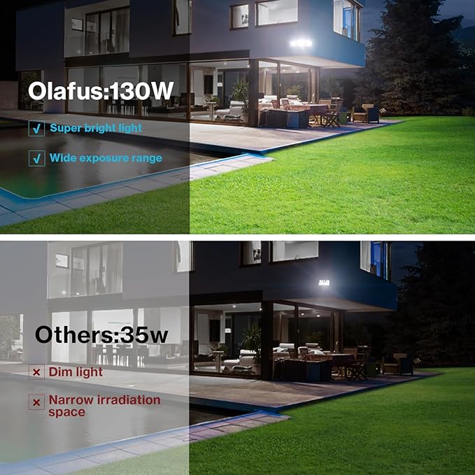 Olafus 130W Flood Lights Outdoor, 13000LM Super Bright LED Flood Light, IP65 Waterprooof Outdoor Flood Light Fixture, 3 Adjustable Heads, 6500K Exterior Security Lights for Yard, Garage, White