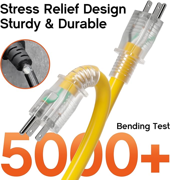 12 Gauge 100 FT Heavy Duty Outdoor Extension Cord Waterproof with Lighted End,Yellow 12 Gauge Extension Cord Flexible and Cold Resistant 3 Prong Grounded Plug,15Amp 1875W SJTW ETL Listed