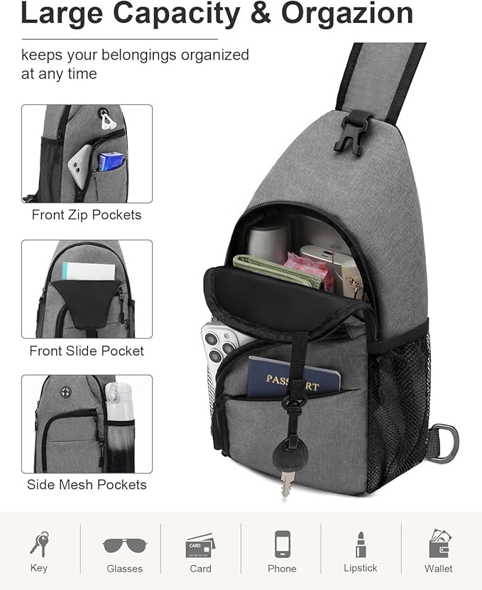 Pritent Crossbody Bags for Women Man Waterproof Sling Bag Backpack Trendy Casual Cross Body Bag with Convertible Shoulder Strap Chest Bag for Camping Hiking Travel Essentials (Grey, Medium)