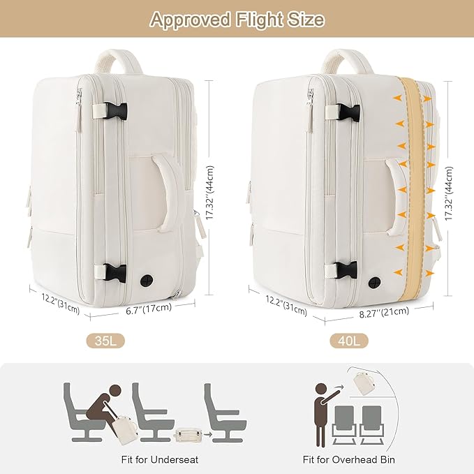 Sinaliy Travel Backpack for Women, Expandable 40L Carry on Flight Approved Backpack, 17 Inch Laptop Waterproof Travel Bag for College, Travel, Work, Beige