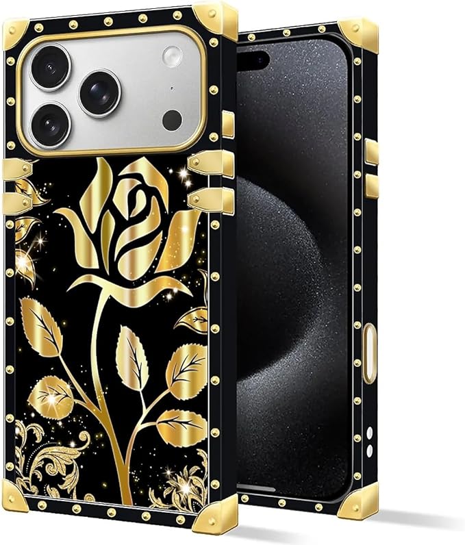 for iPhone 17 Pro Case Luxury Golden Decoration for Girl Women Soft TPU Shockproof Protective Hard PC Back for iPhone 17 Pro Crazy Pattern Shine Gold Rose